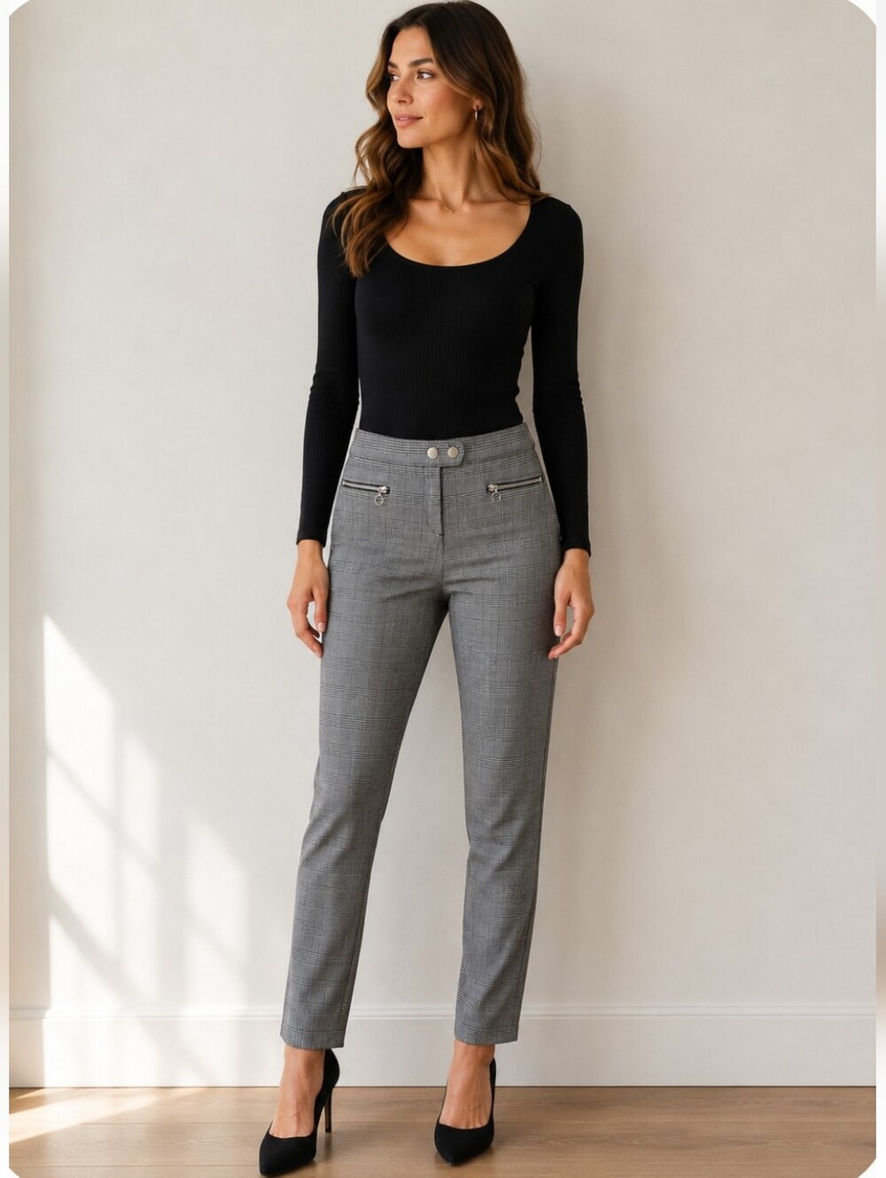 H&M Gray Glen Plaid Skinny Ankle Pants Zip Pocket Stretch Trouser Size 10